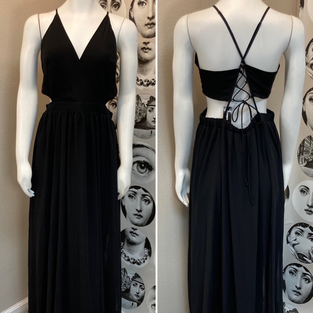 Express Black Double Layer Strappy Dress w/ Side Cutouts and Lace Up Back Sz L